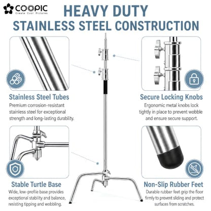 C Stand with Boom Arm, 6.9ft/210cm, 88cm Extension Arm | Heavy Duty Stainless Steel, Turtle Base, 2 Grip Heads, Buffer Spring, For Softbox, Reflector, Strobe - size: 210cm 1 Pack