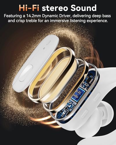 LEEMC Wireless Earbuds, Bluetooth Headphones 5.4, 80Hr Playtime Ear Buds with Hooks for Sports, Noise Canceling, LED Display, IPX7 Waterproof Earphones for Workout Running, Purewhite