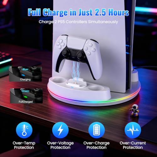NEWDERY for PS5/Slim/Pro Console Stand with Controller Charger | Charging Station for PS5 Controllers, Adjustable RGB Light, for PS5 Controller Charger Stand, White - color: White