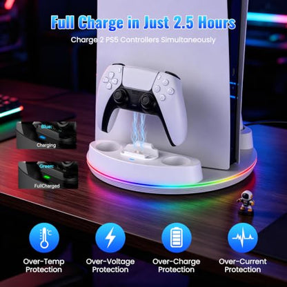 NEWDERY for PS5/Slim/Pro Console Stand with Controller Charger | Charging Station for PS5 Controllers, Adjustable RGB Light, for PS5 Controller Charger Stand, White - color: White