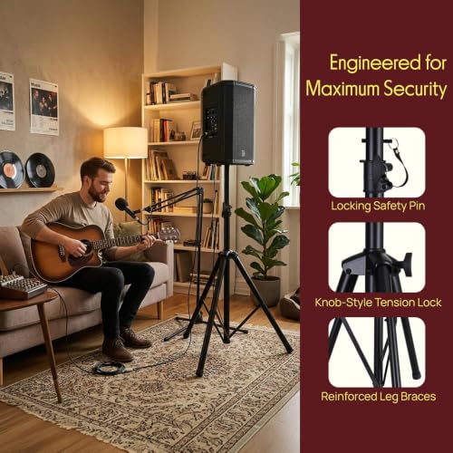 Pyle Universal Speaker Stand Mount Holder Heavy Duty Tripod w/ Adjustable Height from 40” to 71” and 35mm Compatible Insert Easy Mobility Safety Pin and Knob Tension Locking for Stability, Black - size: 1-Pack