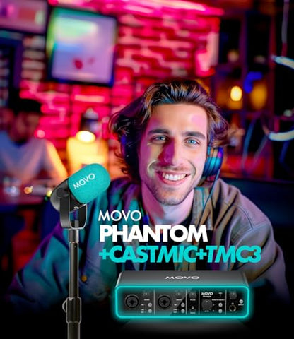 Movo Podcast Equipment Bundle - Phantom USB Audio Interface, 2 CastMic XLR Dynamic Microphones, and 2 Tabletop Stands - Complete Studio Setup for Professional Podcasting and Streaming - style: with 2 Microphones and Desk Stands