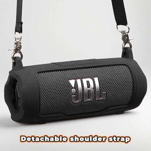Silicone Cover Compatible with JBL Flip 7 Waterproof Portable Speaker with Shoulder Strap (Black) - color: Black