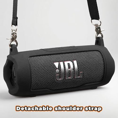 Silicone Cover Compatible with JBL Flip 7 Waterproof Portable Speaker with Shoulder Strap (Black) - color: Black