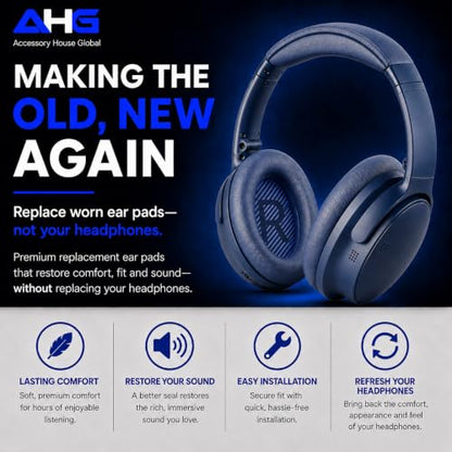 AHG QC45 Ear Pads Compatible with Bose QuietComfort 45 35 QC35 II QCSC QCSE | Midnight Blue | Easy DIY Fit | Premium Protein Leather | Extra Thick | Soft High-Density Foam - color: Midnight Blue