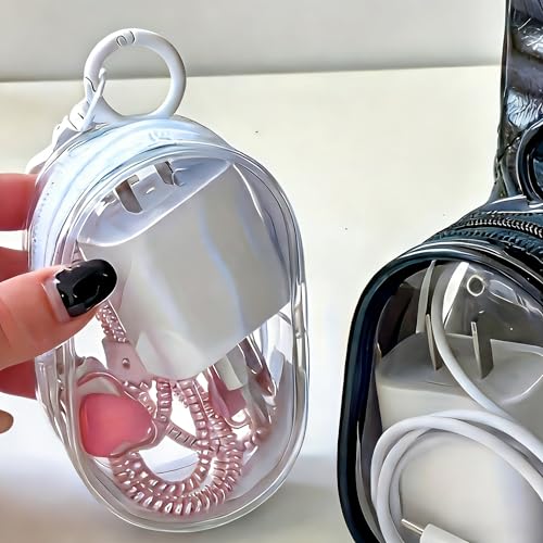 2 Pcs Clear Keychain Cable Organizer Case, Portable PVC Earbud Pouch with Zipper, Transparent Mini Storage Bag for Charging Cords & Small Items