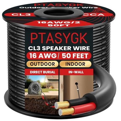 16 Gauge Outdoor Speaker Wire 50ft CL3 Direct Burial CCA Cable | CL2 Rated, 2 Conductor Stranded Core, UV and Weather Resistant, No Conduit Needed Underground, Garden Patio Pool Audio - size: 50FT, style: 16GAUGE