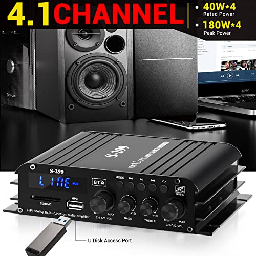 S299 Max 800W Bluetooth Home Audio Amplifier, RMS 40Wx4 4.1CH Bluetooth | Power Amplifier with Active Subwoofer, Sound Audio System w/AUX, Headphone Jack, USB, SD, Remote Control