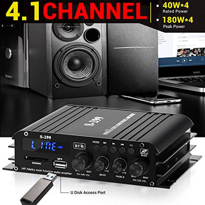 S299 Max 800W Bluetooth Home Audio Amplifier, RMS 40Wx4 4.1CH Bluetooth | Power Amplifier with Active Subwoofer, Sound Audio System w/AUX, Headphone Jack, USB, SD, Remote Control