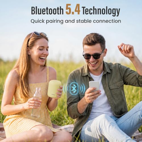 Bobtot Portable Bluetooth Speakers, 24H Playtime, TWS Pairing, Yellow | Wireless Waterproof Speaker with Loud Stereo Sound, Built-in Microphone, Carry Lanyard for Sport, Outdoor, Camping, Travel