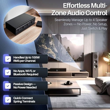 TNP Speaker Selector Switch Box - 4 Zone Channel High Power Stereo Amp Speaker Splitter with A/B/C/D Control Switcher, Spring Clip Connectors, Plug and Play Design, Up to 100W Per Channel