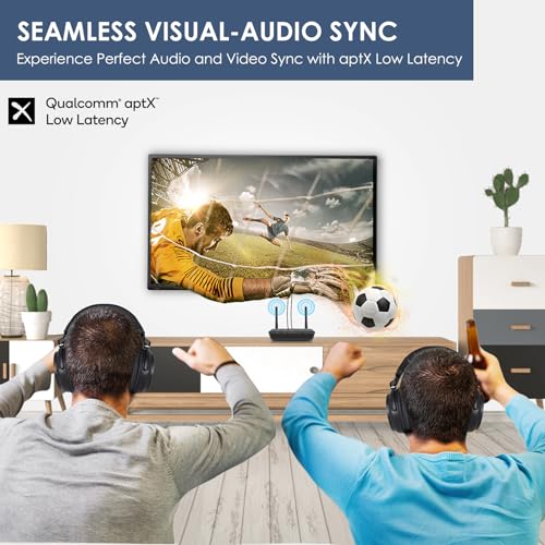 SIMOLIO aptX Low Latency & HD Bluetooth Transmitter for TV, Long Range Bluetooth Audio Adapter for 2 Wireless Headphones, Bypass to Soundbar, HiFi Bluetooth Receiver for Home Stereo, Wired Speaker