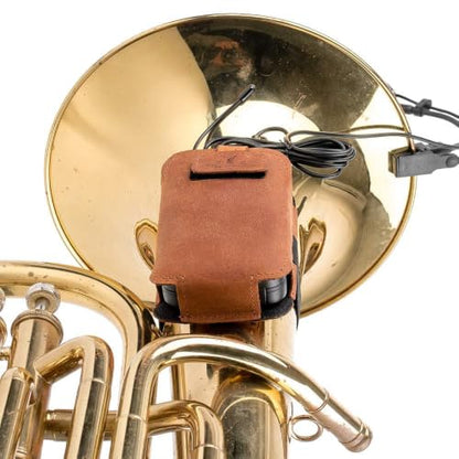 Euphonium Wireless Microphone Clip-On Pouch. Genuine Leather Bodypack Holder w. Secure hook & loop Straps - color: Cognac, size: Euphonium