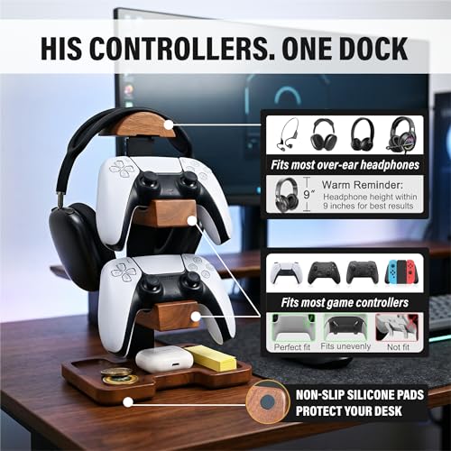 Gaming Equipment Headset Stand with Dual Controller Organizer Rack & Storage Base, Headphone Stand Gamer Gifts for Men Teenage Boy, Unique Gifts for Gamers to Organize Gaming Accessories (Brown Wood)