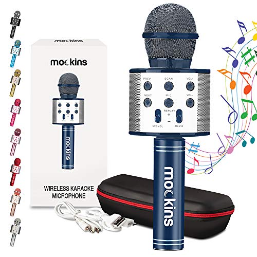 Mockins Navy Bluetooth Karaoke Microphone for Kids with Built in Bluetooth Speaker| Wireless Microphone Karaoke Compatible with iOS & Android| All-in-One Mic - color: Navy