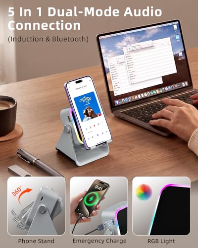 Induction Speaker 5-in-1 Bluetooth Audio for iPhone Android with Phone Stand | Adjustable Desktop Phone Holder with Charger & RGB Light, Cool Tech Gadgets Gifts for Men Women Teens Gray