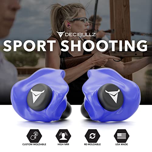 Decibullz Custom Molded Ear Plugs, 31dB NRR Shooting Ear Protection (Blue) | Reusable & Re-moldable, For Range Officers, Jobsite Crews & Musicians, Travel & Concert Use, Earplugs, American Company - color: Blue
