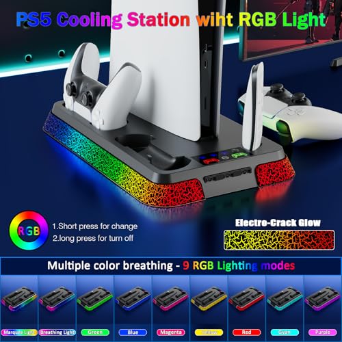 PS5 Stand and Cooling Station with RGB Light, Controller Charging Station, 3-Speed Cooling Fan, Multi-Functional Accessories Kit Compatible with PlayStation 5, PS5 Pro Console - color: Boom-black