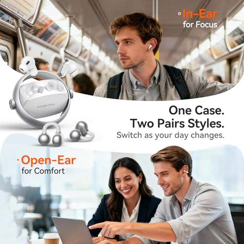 Kinglucky 2-in-1 Wireless Earbuds, in-Ear & Open Ear Clip-On Earbuds Comfortable fit, Bluetooth Headphones 5.4 with Noise Cancelling Mic, Power Swap Charging, Up to 50H, White - color: White