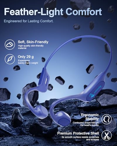 Swimming Headphones Bone Conduction Bluetooth 6.0 IPX8 Waterproof 32G MP3 | Open-ear comfort,clear audio in water,phone-free playlists,secure fit with caps and goggles,stable above-water pairing - color: Navy blue