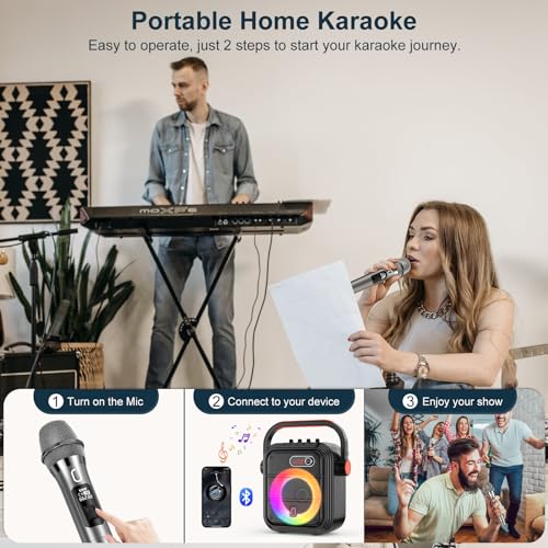 JYX Karaoke Machine with 2 Wireless Microphones, Portable Bluetooth Speaker PA System with Shoulder Strap, RGB Lights, Subwoofer Support TWS, USB, Radio, AUX, REC, Bass&Treble for Home Party/Adults - color: Glossy Black
