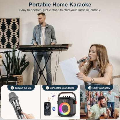 JYX Karaoke Machine with 2 Wireless Microphones, Portable Bluetooth Speaker PA System with Shoulder Strap, RGB Lights, Subwoofer Support TWS, USB, Radio, AUX, REC, Bass&Treble for Home Party/Adults - color: Glossy Black