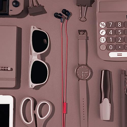 Panasonic ErgoFit Wired Earbuds with Microphone, 3.5mm Jack Headphones with Mic and Call Controller, Ergonomic Custom-Fit Earpieces (S/M/L), for Phones and Laptops - RP-TCM125-KB (Matte Black/Red) - color: Matte Black/RED, style: With Mic