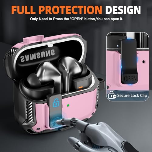 Safety Lock Case for Samsung Galaxy Buds3 FE/Pro/3 (Purple) | Compatible with MagSafe, with Phone Stand& Cleaning kit,Keychain, - color: Pink