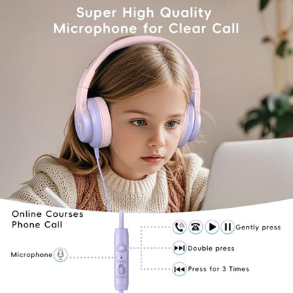 Candy Bila Wired Kids Headphones for School, Over-Ear for Boys Girls | Volume Limiter 85/94dB, HD Stereo Sound, Microphone and Wired Control, Foldable Design, Gradient Pink - color: Gradient Pink