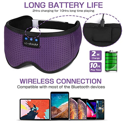 LC-dolida Sleep Headphones, Silk Sleep Mask Bluetooth Wireless Music Eye Mask, Sleeping Headphones for Side Sleepers Sleep Mask with Bluetooth Headphones Ultra-Thin Stereo Speaker Perfect for Sleeping - color: Purple Silk