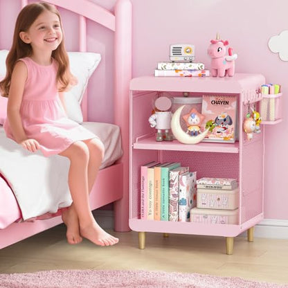 SYKIARIOL Kids Nightstand for Girls, 3-Tier Storage Shelf, Pink | Metal Bedside Table with 4 Hooks & Hanging Basket, Toddler Night Stand for Bedroom - color: Classic Pink