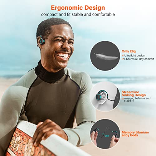 Bone Conduction Headphones Swimming Headphone - IP68 Waterproof Open Ear Headphones with MP3 Play 32G Memory Inductive Wireless Bluetooth Sports Headset for Running Swimming (Blue)