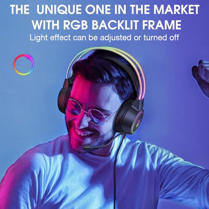 Colorful RGB Gaming Headset with Mic, Surround Stereo Sound, Durable Aluminum Frame for PC, Switch - Lightweight Ergonomic Design, Ideal for, Breathable Sponge Ear Pads (Black)