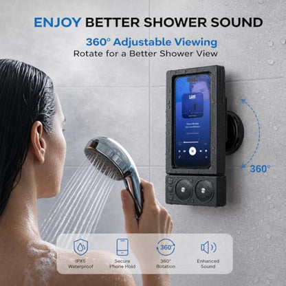 Waterproof Shower Phone Holder with Bluetooth Speaker, Wall Mount Phone Case for Bathroom, Dual Built-in Speakers, Touch Sensitive, Fog Resistant, Fits 4.7 to 7.0 Inch Phones (White) - color: White