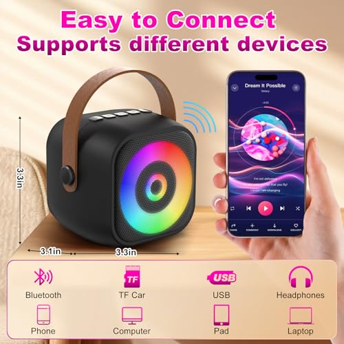 Mini Karaoke Machine, Portable Bluetooth Karaoke Speaker with 2 Wireless Mics for Kids and Adults, Birthday Gifts for Girls and Boys 3-12+ Years Old Birthday Party Home Black