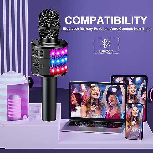 BONAOK Karaoke Microphone for Kids & Adults - Bluetooth Microphones Singing Mic with Disco Lights, Echo Effect, Built-in Speaker Portable Karaoke Player for Party Travel Gifts Q78(Black) - color: Black