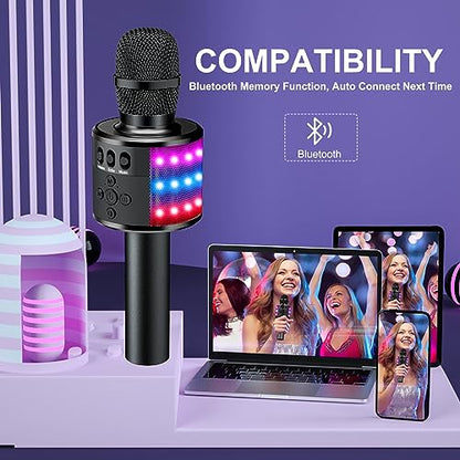 BONAOK Karaoke Microphone for Kids & Adults - Bluetooth Microphones Singing Mic with Disco Lights, Echo Effect, Built-in Speaker Portable Karaoke Player for Party Travel Gifts Q78(Black) - color: Black
