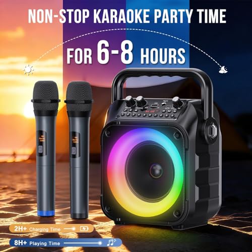 Karaoke Machine, Portable Bluetooth Speaker with 2 Wireless Mics for Adults & Kids with LED Lights, Bass/Treble Adjustment, PA System Supports USB/TF/FM/AUX/TWS for Party Home System Packages