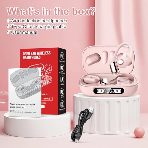 Open Ear Earbuds, Bluetooth 5.3 Wireless Air Conduction Headphones with Mic, LED Display Charging Case&Fast Charging, Ultra-Light Weight, 80H Playtime Earbuds for Work, Sports (Pink) - color: Pink