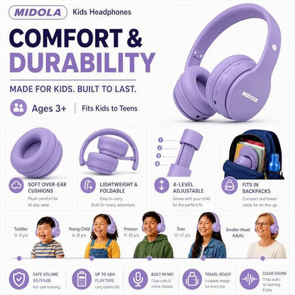 Kids Bluetooth Headphones Wireless 68 Hours,Safe Volume Limit 85/94dB | Adjustable Headband Foldable Over-Ear Lightweight for Toddler Girls Boys Tablet/iPad,HD Stereo,Built-in Mic,Light Purple - color: Light Purple