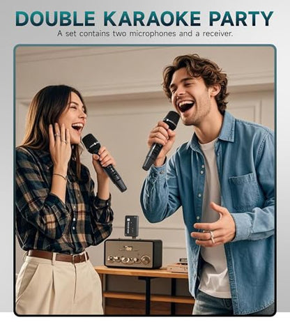 Wireless Microphone, Metal Dynamic Wireless Microphones with One-to-One Chip Connection and Rechargeable Receiver, 40H Duration, 200FT Range Receiving, Volume Control Karaoke Microphone for Singing