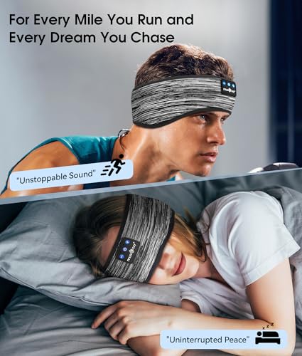 MUSICOZY Bluetooth 5.4 Sleep Headphones Headband Sports Wireless Audio | Earbuds 2 in 1 Design with Breathable Stretch Fabric, HD Stereo Sound Speakers for Workout Yoga Running, Nighttime Sleep Use - color: Stripped Gray