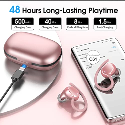 Wireless Earbuds for Small Ear, HiFi Stereo Sport Bluetooth 5.3 Headphones with Earhooks, 48H Deep Bass Running Ear Buds with LED Display, Noise Cancelling, IP7 Waterproof Built-in Mic for iOS Android - color: Rose Gold