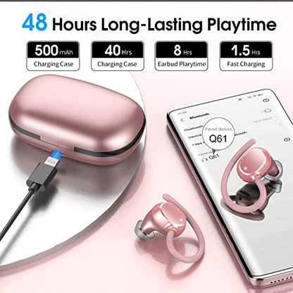 Wireless Earbuds for Small Ear, HiFi Stereo Sport Bluetooth 5.3 Headphones with Earhooks, 48H Deep Bass Running Ear Buds with LED Display, Noise Cancelling, IP7 Waterproof Built-in Mic for iOS Android - color: Rose Gold