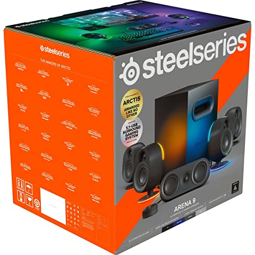 SteelSeries Arena 9 Illuminated 5.1 Desktop Gaming Speakers – 5.1 USB Surround Sound – Wireless Rear Speakers – 2-Way Speaker Design – Subwoofer – RGB Light, Bluetooth – PC, PlayStation, Mobile, Mac - style: Arena 9
