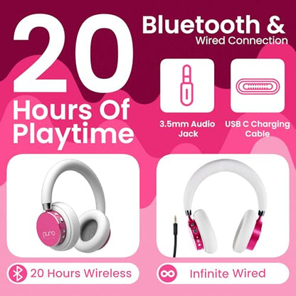 Puro Sound Labs BT2200 Plus Volume Limited Headphones for Kids - Bluetooth, Studio-Grade Audio, Over-Ear & Comfy Design, 20-Hour Battery Life, Easy to Connect Wireless Headphones for Kids, Blue & Pink