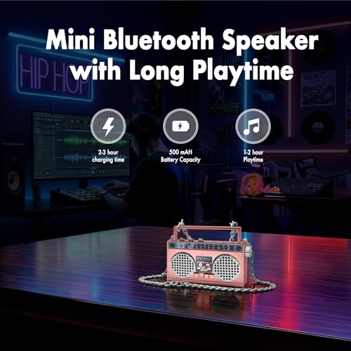 Portable Bluetooth Speakers, Retro Speakers Bluetooth Wireless Wearable | Mini Bluetooth Boombox with 27” Neck Chain, FM Radio, On-Board Buttons, Dual 3W Peak Power Bluetooth Speaker for Anywhere - color: Rose Gold/ Silver