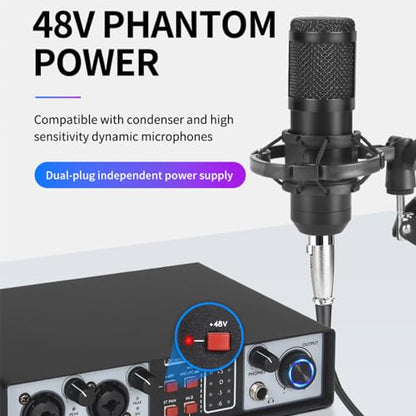2 In 2 Out Audio Interface Mixer USB Recording Sound Card 48V