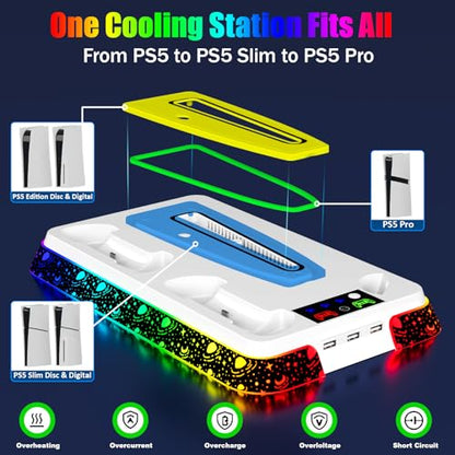 PS5 Stand for PlayStation 5 Disc & Digital Console, PS5 Cooling & Charging Station with RGB, PS5/Slim/Pro Controller Charger Incl. 3 Level Fan,Headset, PS5/Slim/Pro Accessories Comes 3 USB Ports - color: Star-white
