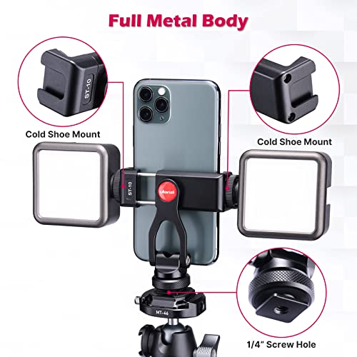 ULANZI Metal Phone Tripod Mount, Universal Cell Phone Clamp Stand Holder | 1/4" Screw& 2 Cold Shoe, Adjustable 360° Rotates for iPhone Android, ST-10 Smartphone Holder for Tripod, Mobile Photography